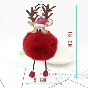 Plush Christmas reindeer faux fur pompom keychain with size dimensions 18cm by 8cm