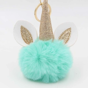 Unicorn Plush Pom Pom Keychain Cute Faux Fur Ball Bag Pendant Glitter Horn Ear Decorative Keyring For Women Kids