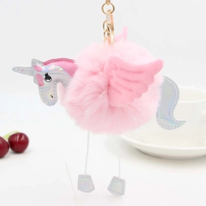 Porte-clés Créatif Licorne en Peluche Boule de Poils Cuir Laser Holographique Aile d'Ange Pendentif de Sac Bijoux Voiture Femmes
