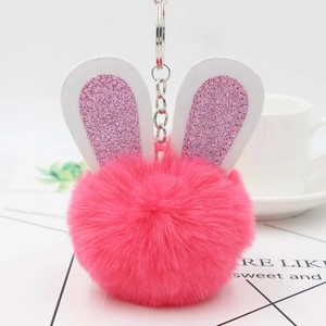 Porte-clés mignon pompon en fourrure rose vif avec oreilles de lapin à paillettes