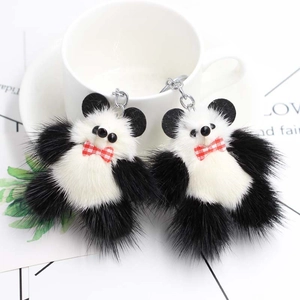 Porte-clés Panda en Peluche de Fourrure de Vison Fait Main Pendentif de Sac Animal Dessin Animé Avec Nœud Papillon à Carreaux