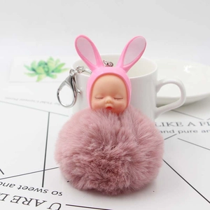 Cute pink sleeping baby plush bunny keychain with fluffy pompom and silver metal hook