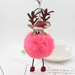 Pink faux fur reindeer keychain with Santa hat and silver metal ring for bags