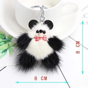 Porte-clés panda en peluche de 8 cm avec nœud papillon rouge et chaîne en métal