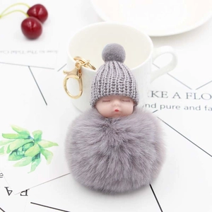 Dettaglio portachiavi bambola che dorme con cappello grigio e pompon di pelliccia sintetica