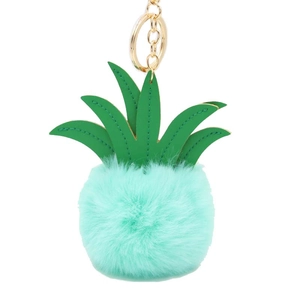 Creative pineapple plush pompom keychain with green faux leather leaves and gold ring