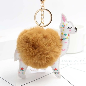 Close-up of white alpaca keychain with brown pom-pom and gold metal ring detail