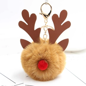 Porte-clés Pompon en Fourrure Artificielle de Renne de Noël Pendentif de Sac en Peluche de Cerf Mignon Cadeau de Fête