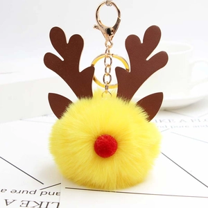 Porte-clés pompon de renne de Noël jaune mignon avec fermoir mousqueton en métal doré