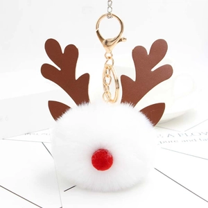 Mignon porte-clés pompon renne en peluche blanche avec bois marrons et mousqueton doré chic