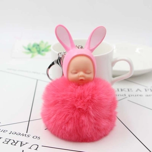 Cute pink sleeping baby plush bunny doll keychain with faux fur ball and metal clasp