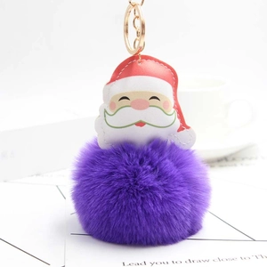 Detail of Santa Claus plush keychain with purple faux fur pompom and golden keyring