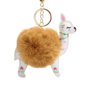 Cute Alpaca Pom Pom Keychain Artificial Fur Plush Sheep Key Ring Cartoon Animal Printed Faux Leather Bag Pendant Gift