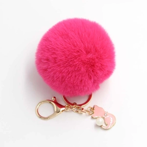 Cute Faux Fur Pompom Keychain With Kitten Pendant Alloy Artificial Pearl Rhinestone Decoration For Women Girls Bag Car Key Accessory