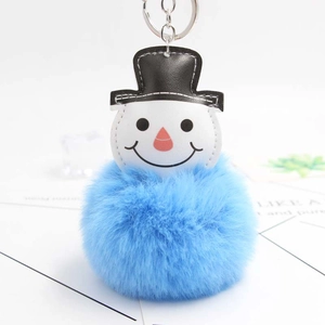Porte-clés pompon bonhomme de neige de Noël bleu ciel pour sacs et décorations