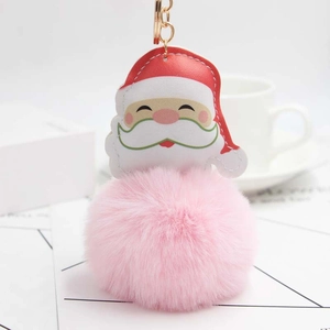 Pink plush ball Santa Claus keychain with golden metal ring for Christmas bags