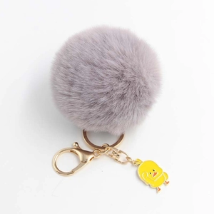 Dettaglio del portachiavi con pompon grigio, anello dorato e ciondolo a forma di papera