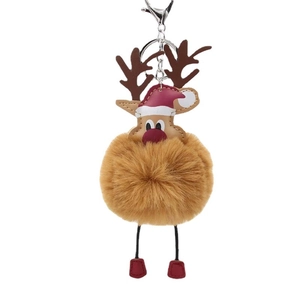Christmas Reindeer Plush Pompom Keychain Cartoon Faux Fur Ball Deer PU Leather Bag Charm Xmas Gift For Women Car Keyring