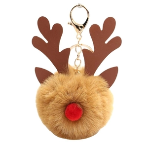 Porte-clés renne de Noël avec pompon en fausse fourrure brune et fermoir doré