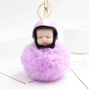 Cute Sleeping Baby Keychain With Mini Helmet Fluffy Pom Pom Artificial Fur Ball Pendant Kawaii Bag Charm Key Ring For Women Girl Gift Accessory
