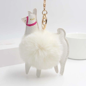 Cute Alpaca Plush Pom Pom Keychain For Women PU Leather Animal Bag Pendant Decoration Accessory Colorful Fur Ball Keyring