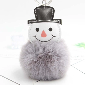 Porte-clés de Noël bonhomme de neige en peluche avec tête en cuir et anneau argenté