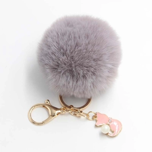 Detail of purple faux fur keychain with pink cat pendant and gold lobster clasp