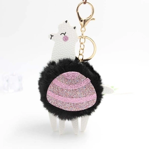 Detail of alpaca keychain with white leather body, black faux fur and pink sequins