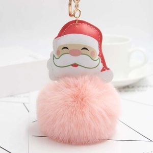 Plush Santa Claus faux fur pompom keychain with golden metal ring and pink fluffy ball