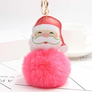Detail of Santa Claus plush keychain with a soft pink fur ball and golden metal ring