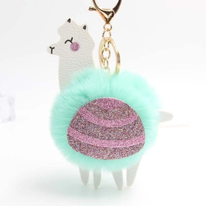 Cute alpaca keychain with white leather body and mint green plush pompom on a gold ring