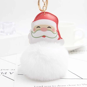 Cartoon Santa Claus plush pompom keychain with white faux fur and golden hardware hook