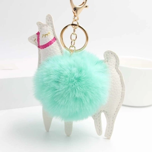 Detail of alpaca plush keychain with mint green faux fur ball and golden metal clip
