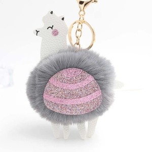 Detail of alpaca plush keychain with grey faux fur and pink glitter stripe decoration