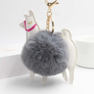 Detail of grey plush alpaca keychain with white faux leather and gold metal hardware