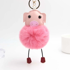 Mignon Porte-clés Boule de Poils Cochon en Peluche pour Femmes Filles Pendentif de Sac Polyester Cuir PU Anneau de Clé Animal Cadeau