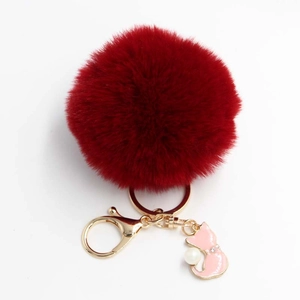 Burgundy faux fur pompom keychain with gold lobster clasp and pink pearl cat charm