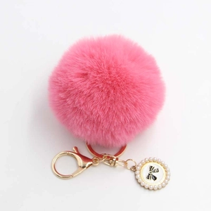 Elegant Faux Fur Pom Pom Keychain With Artificial Pearl Bowknot Charm Gold Metal Lobster Clasp Bag Pendant For Women Accessories