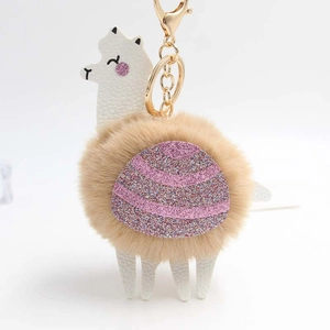 Detail of alpaca plush keychain with white leather, khaki faux fur and pink sequins
