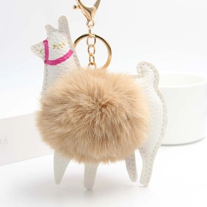 Alpaca keychain with white faux leather body and fluffy brown pompom on gold hardware