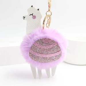 Detailed close-up of white faux leather alpaca keychain with purple faux fur and pink sequins