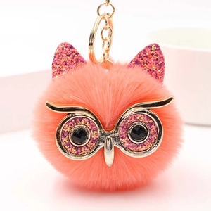 Mignon Hibou Peluche Pompon Porte-clés Pendentif de Sac Fausse Fourrure Avec Oreilles Pailletées Anneau en Métal Doré