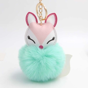 Sleeping fox plush keychain with faux fur ball and gold metal ring for bags