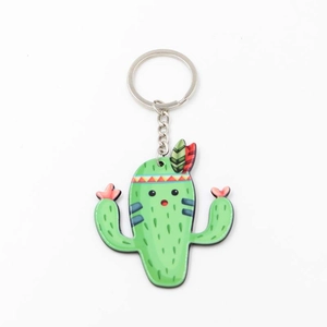 Porte-clés mignon en acrylique cactus vert avec fleur rose et anneau en métal