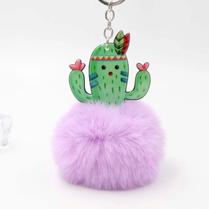 Cute Cartoon Cactus Pom Pom Keychain Acrylic Faux Fur Ball Bag Pendant Bohemian Ethnic Style Charm For Women Girls Accessory