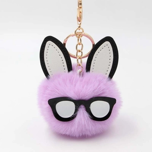 Cute Rabbit Plush Ball Keychain With Glasses Bunny Ears Faux Fur Pom Pom Bag Charm For Car Key Backpack Women Accessories