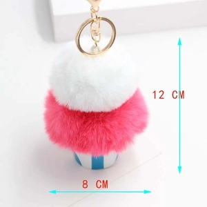 Plush ice cream keychain with pink and white pom poms and a striped cup base, 12cm
