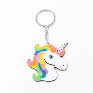 Porte-clés licorne en acrylique avec crinière arc-en-ciel et anneau en métal pour sacs