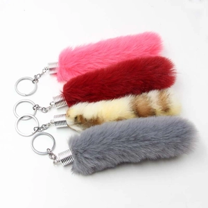Faux fox tail keychain set in pink red leopard and grey with silver metal ring