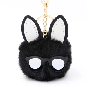 Cute black plush bunny keychain with glasses and gold hook for handbag or car
